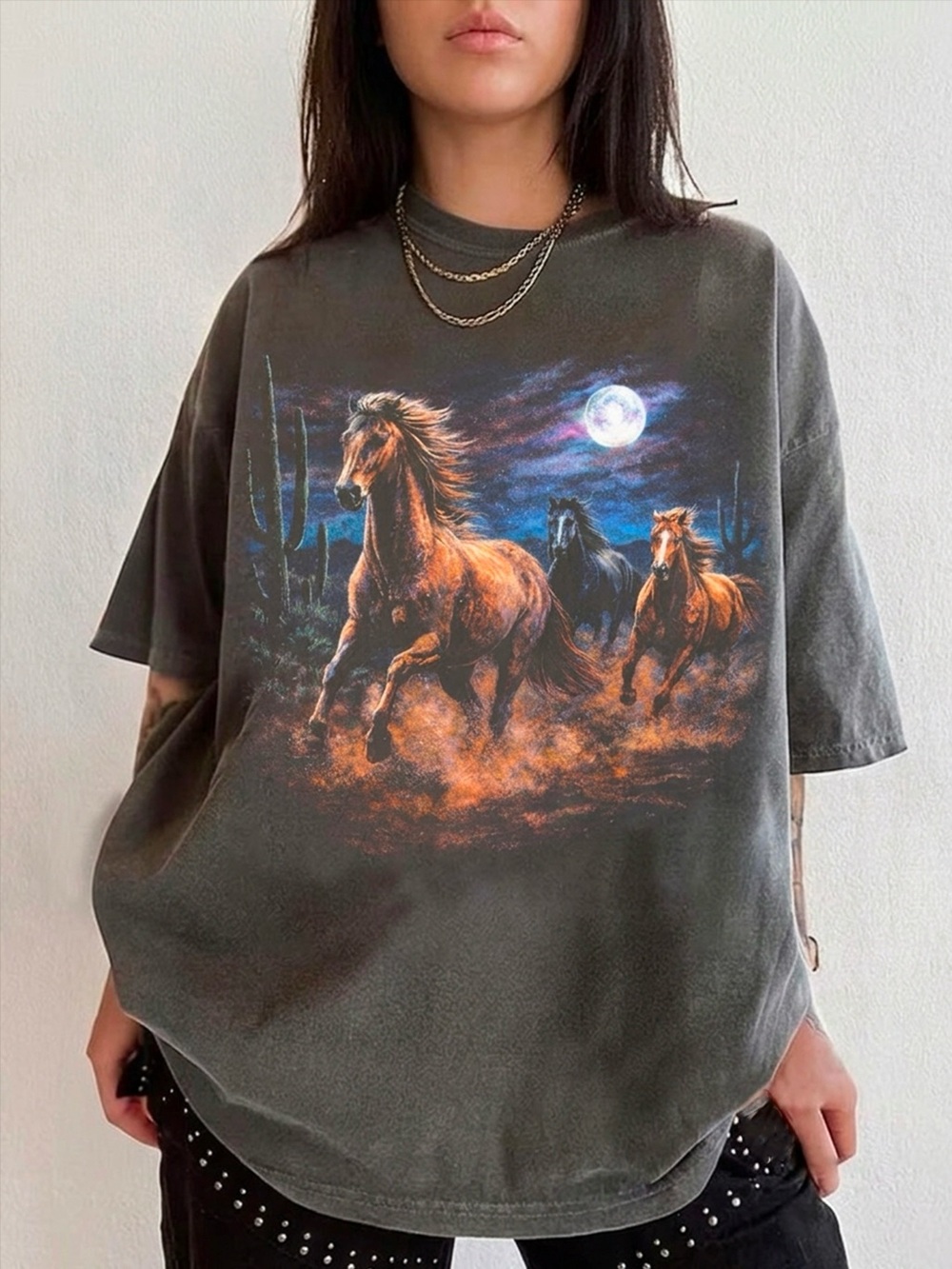 Western Wild Horses Desert Moon Pepper T-Shirt